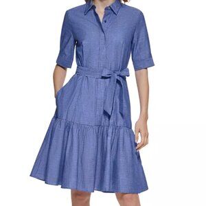 Calvin Klein Women's Blue Chambray Belted Ruffled Shirtdress Size 6